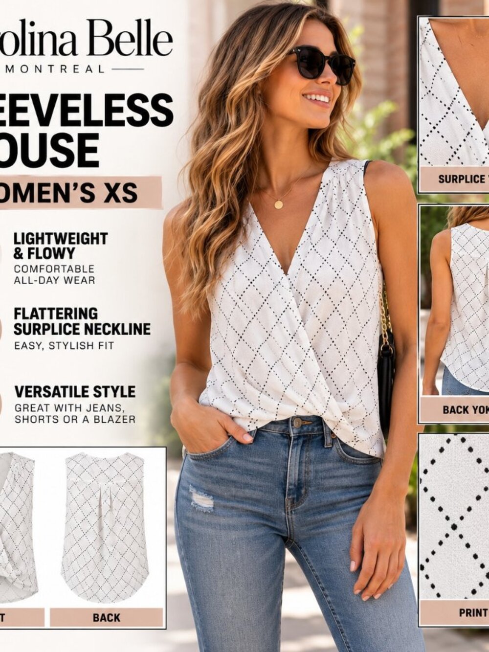 Carolina Belle Women's Sleeveless Surplice Blouse XS White Black Dot Print